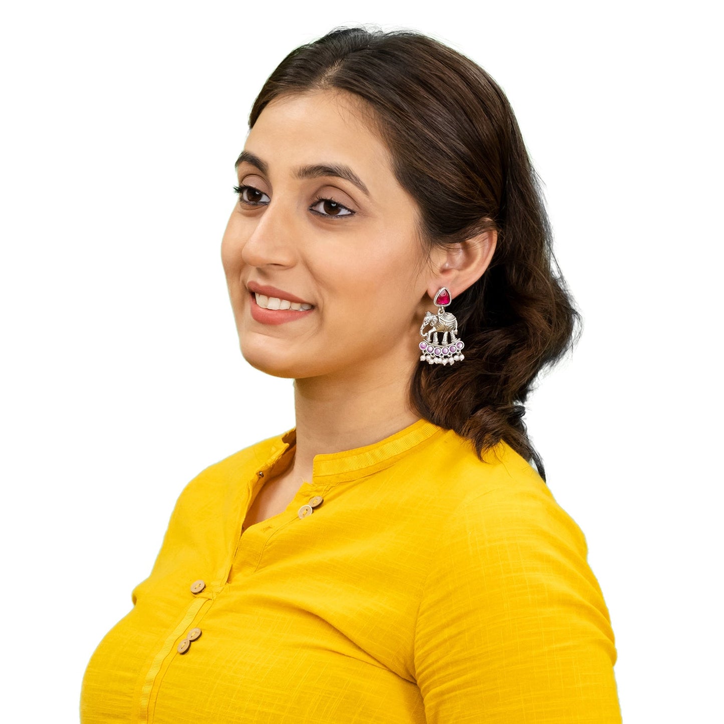 Traditional Indian Oxidised Oxidized Antique Silver Plated CZ, Pearl with Elephant Design Drop Medium Earring For Women (SJE_269_S_M)