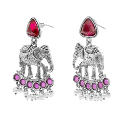 Traditional Indian Oxidised Oxidized Antique Silver Plated CZ, Pearl with Elephant Design Drop Medium Earring For Women (SJE_269_S_M)