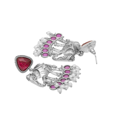 Traditional Indian Oxidised Oxidized Antique Silver Plated CZ, Pearl with Elephant Design Drop Medium Earring For Women (SJE_269_S_M)