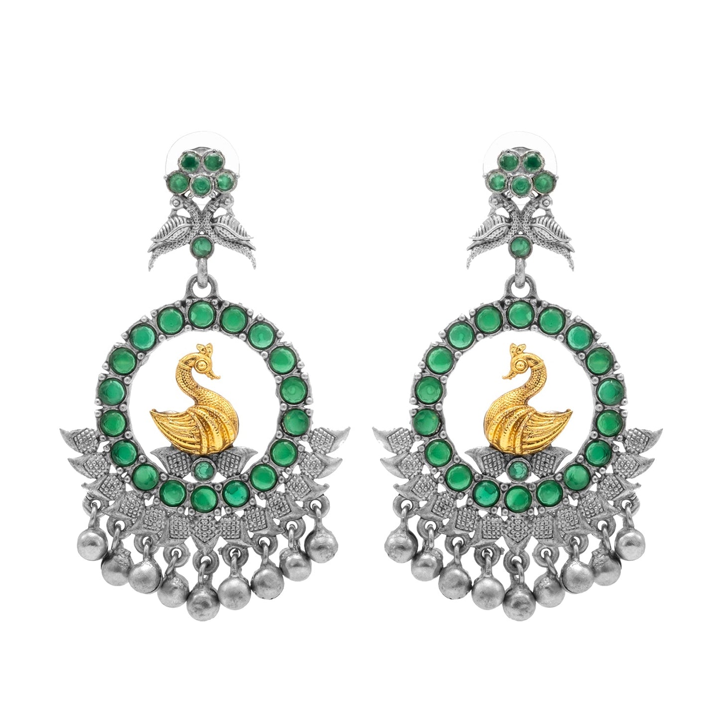 Traditional Indian Matte Dual Two Tone Plated CZ, Pearl Studded Bird Design Medium Drop Earring For Women (SJE_270_S_G)