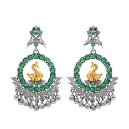 Traditional Indian Matte Dual Two Tone Plated CZ, Pearl Studded Bird Design Medium Drop Earring For Women (SJE_270_S_G)