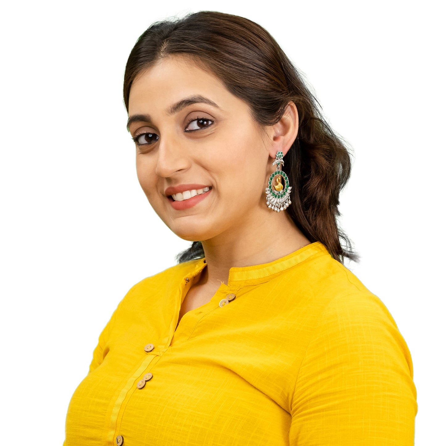 Traditional Indian Matte Dual Two Tone Plated CZ, Pearl Studded Bird Design Medium Drop Earring For Women (SJE_270_S_G)