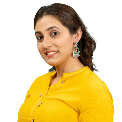 Traditional Indian Matte Dual Two Tone Plated CZ, Pearl Studded Bird Design Medium Drop Earring For Women (SJE_270_S_G)