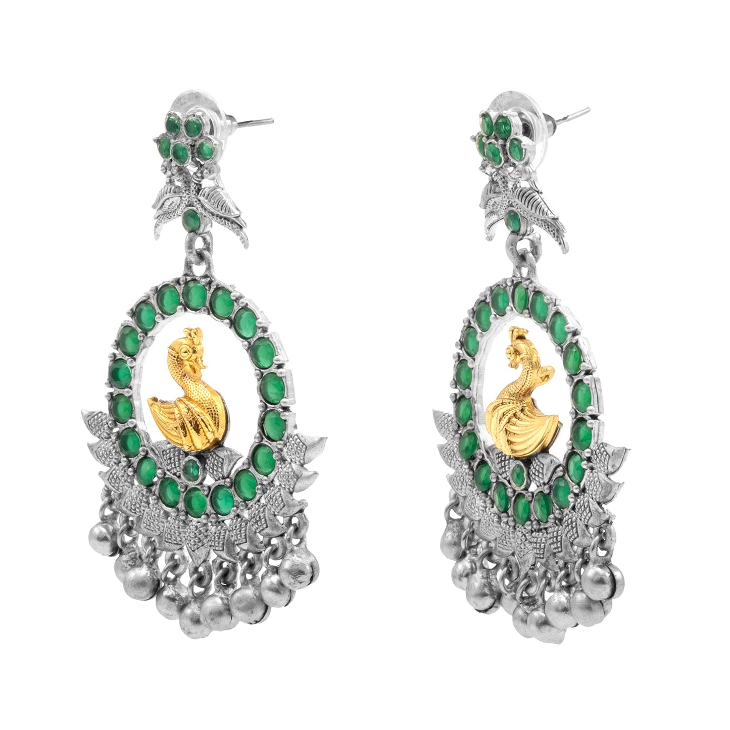 Traditional Indian Matte Dual Two Tone Plated CZ, Pearl Studded Bird Design Medium Drop Earring For Women (SJE_270_S_G)