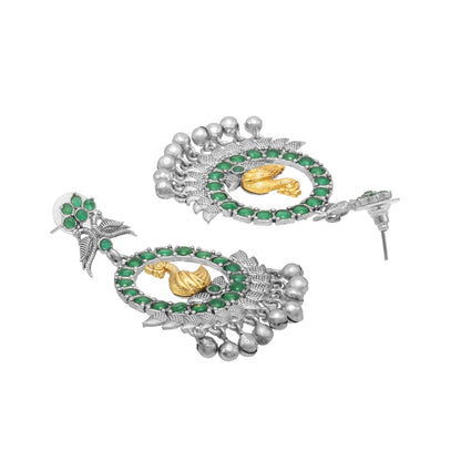 Traditional Indian Matte Dual Two Tone Plated CZ, Pearl Studded Bird Design Medium Drop Earring For Women (SJE_270_S_G)