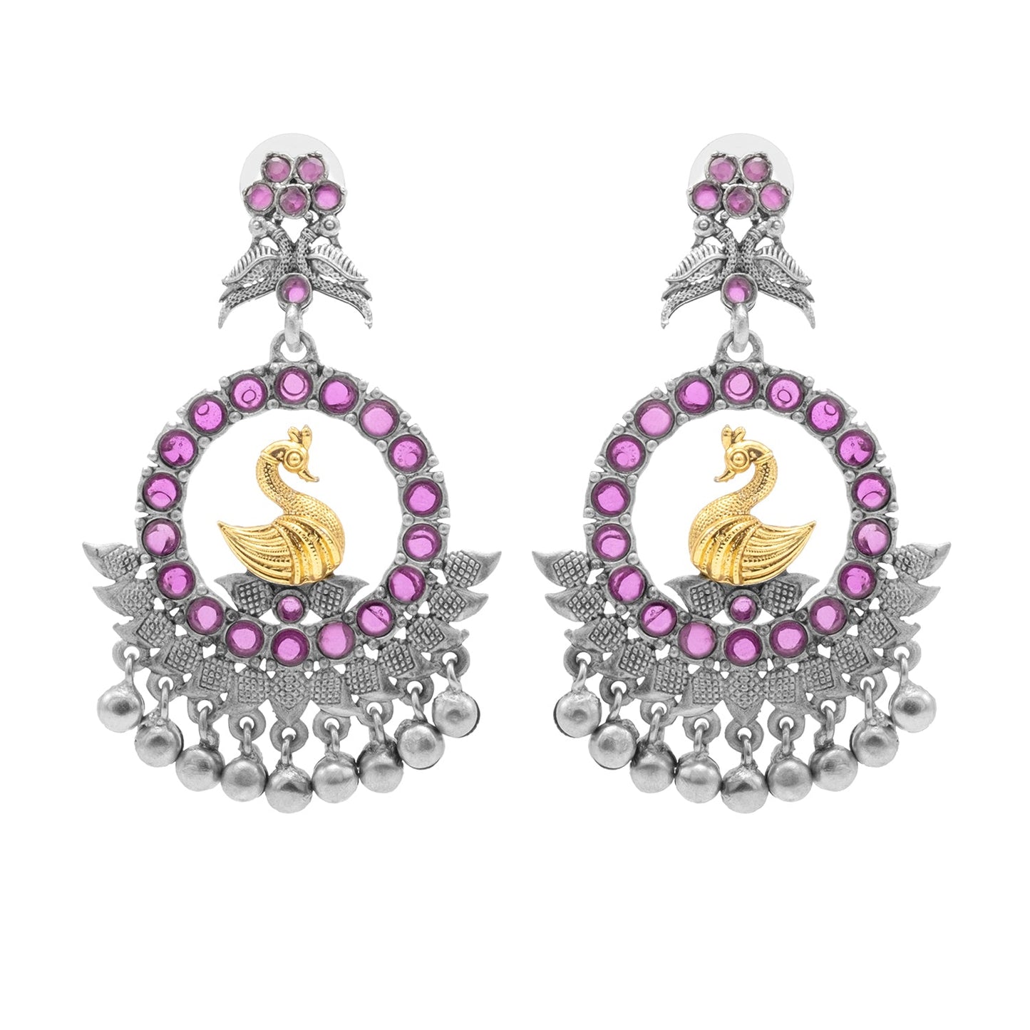 Traditional Indian Matte Dual Two Tone Plated CZ, Pearl Studded Bird Design Medium Drop Earring For Women (SJE_270_S_M)
