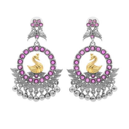 Traditional Indian Matte Dual Two Tone Plated CZ, Pearl Studded Bird Design Medium Drop Earring For Women (SJE_270_S_M)