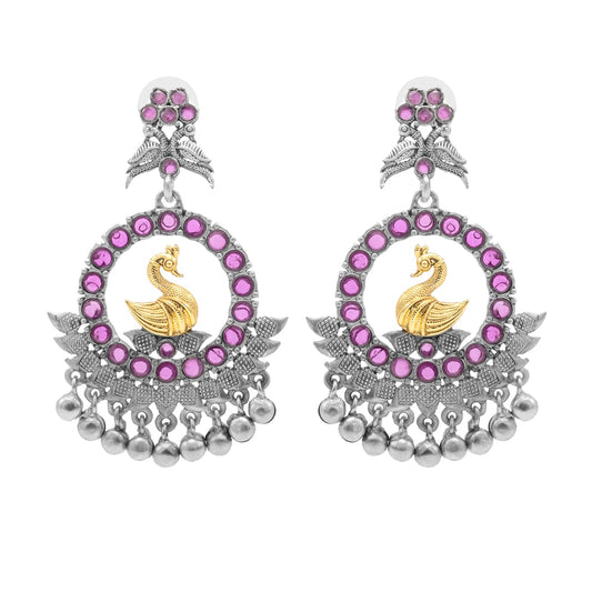 Traditional Indian Matte Dual Two Tone Plated CZ, Pearl Studded Bird Design Medium Drop Earring For Women (SJE_270_S_M)
