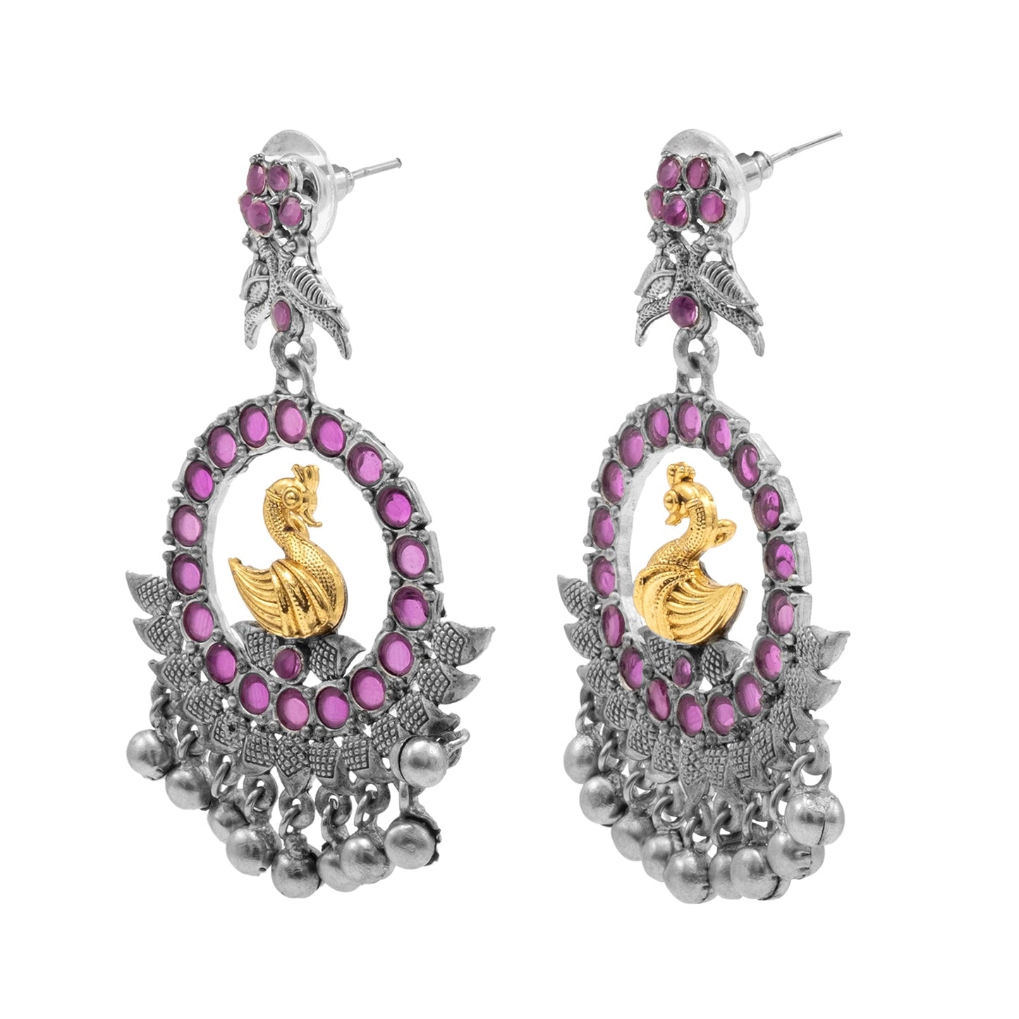 Traditional Indian Matte Dual Two Tone Plated CZ, Pearl Studded Bird Design Medium Drop Earring For Women (SJE_270_S_M)