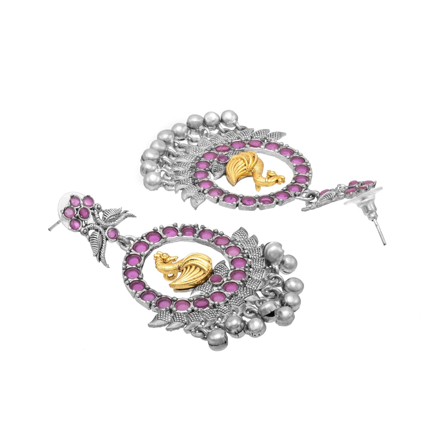Traditional Indian Matte Dual Two Tone Plated CZ, Pearl Studded Bird Design Medium Drop Earring For Women (SJE_270_S_M)