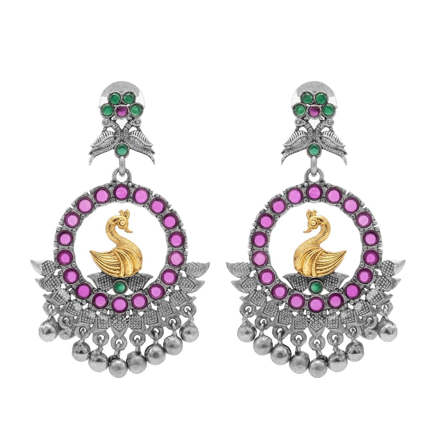 Traditional Indian Matte Dual Two Tone Plated CZ, Pearl Studded Bird Design Medium Drop Earring For Women (SJE_270_S_RG)