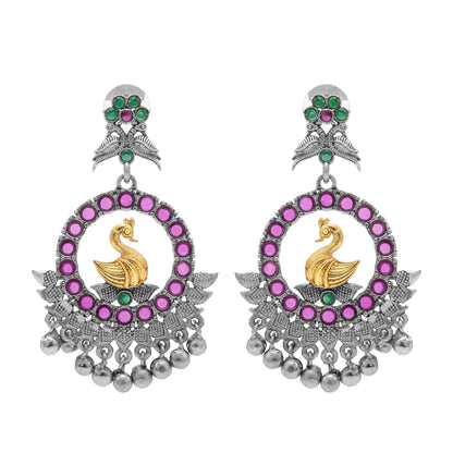 Traditional Indian Matte Dual Two Tone Plated CZ, Pearl Studded Bird Design Medium Drop Earring For Women (SJE_270_S_RG)