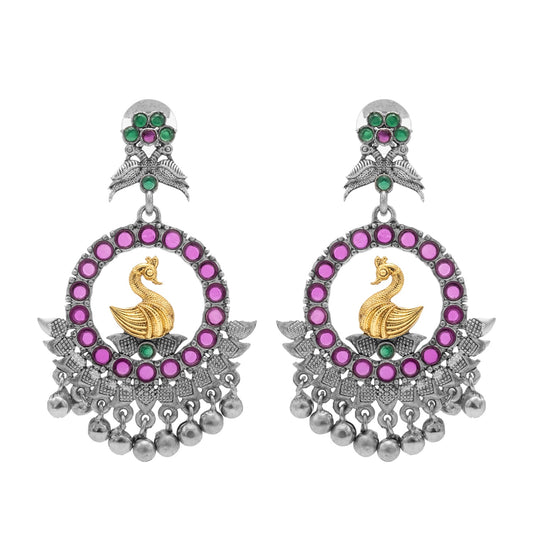 Traditional Indian Matte Dual Two Tone Plated CZ, Pearl Studded Bird Design Medium Drop Earring For Women (SJE_270_S_RG)