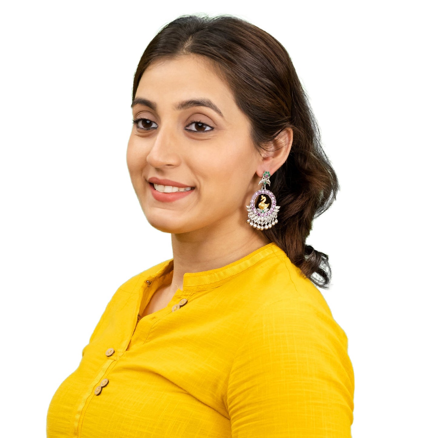 Traditional Indian Matte Dual Two Tone Plated CZ, Pearl Studded Bird Design Medium Drop Earring For Women (SJE_270_S_RG)