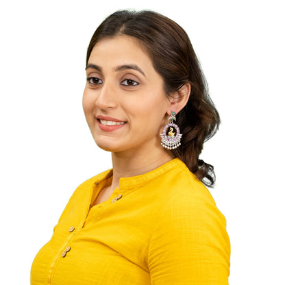 Traditional Indian Matte Dual Two Tone Plated CZ, Pearl Studded Bird Design Medium Drop Earring For Women (SJE_270_S_RG)