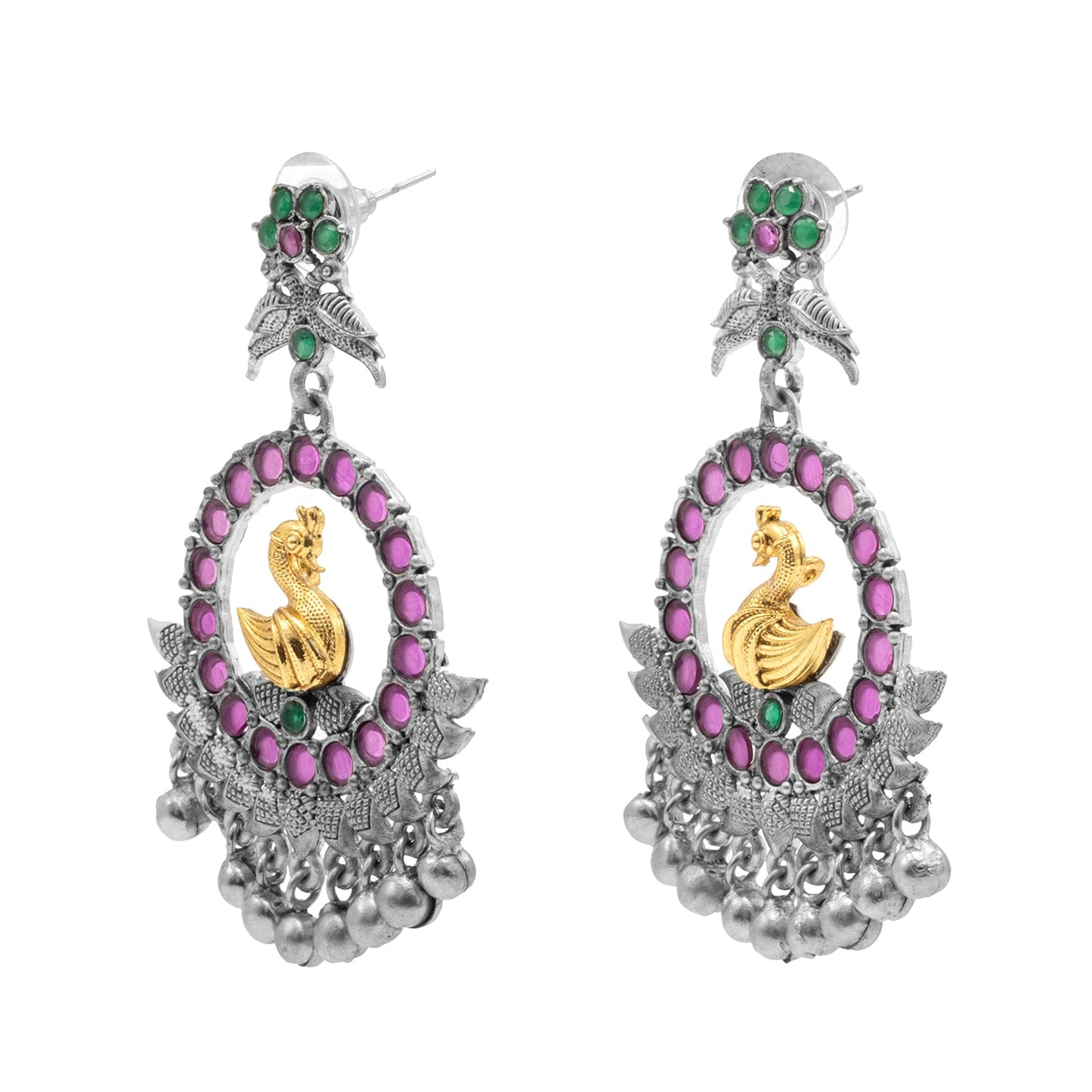 Traditional Indian Matte Dual Two Tone Plated CZ, Pearl Studded Bird Design Medium Drop Earring For Women (SJE_270_S_RG)