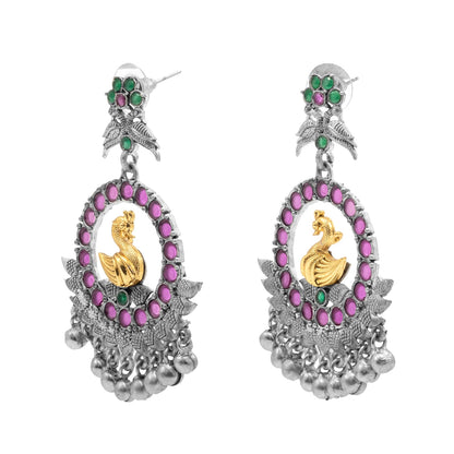 Traditional Indian Matte Dual Two Tone Plated CZ, Pearl Studded Bird Design Medium Drop Earring For Women (SJE_270_S_RG)