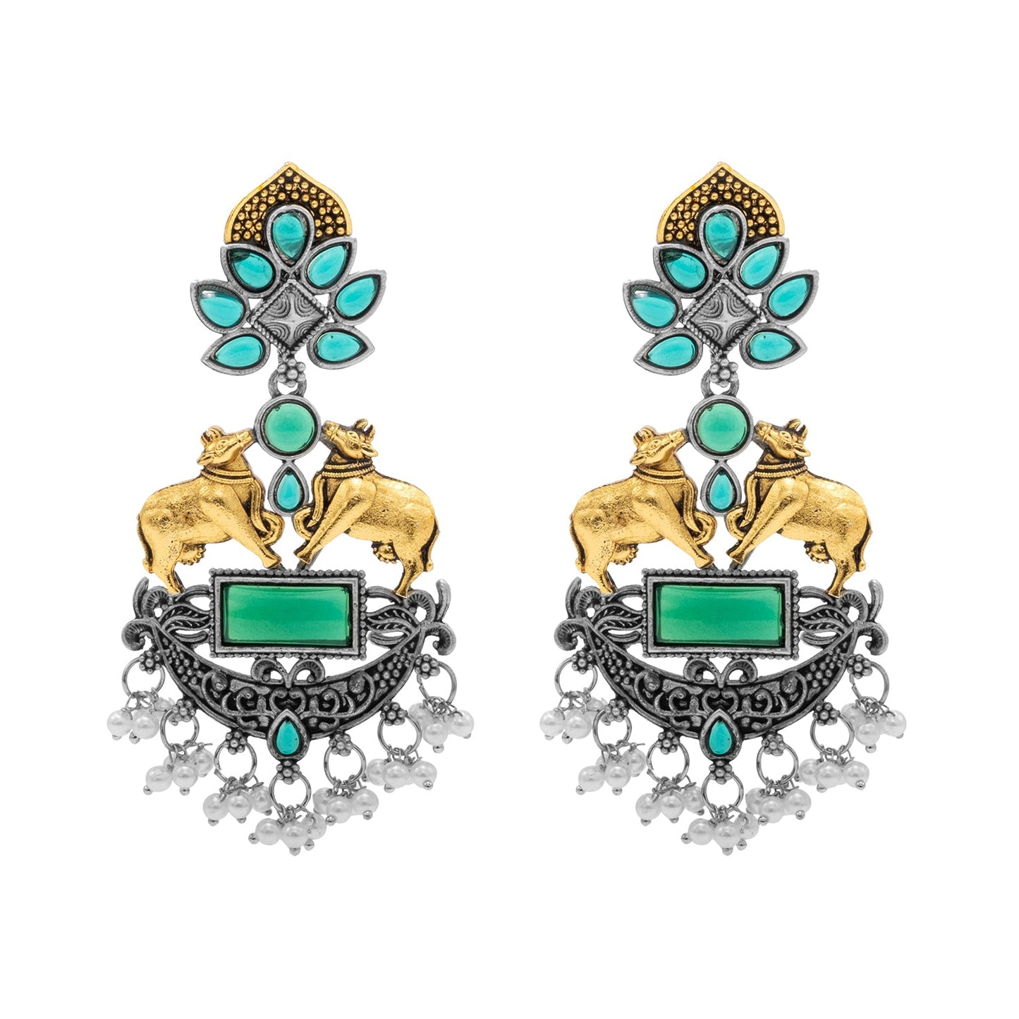 Traditional Indian Dual Two Tone Plated CZ, Pearl Studded Nandi Cow Chandbali Design Long Drop Earring For Women (SJE_274_G)