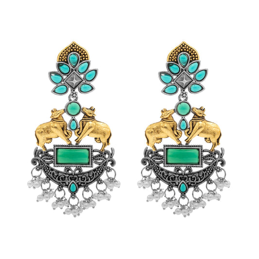 Traditional Indian Dual Two Tone Plated CZ, Pearl Studded Nandi Cow Chandbali Design Long Drop Earring For Women (SJE_274_G)
