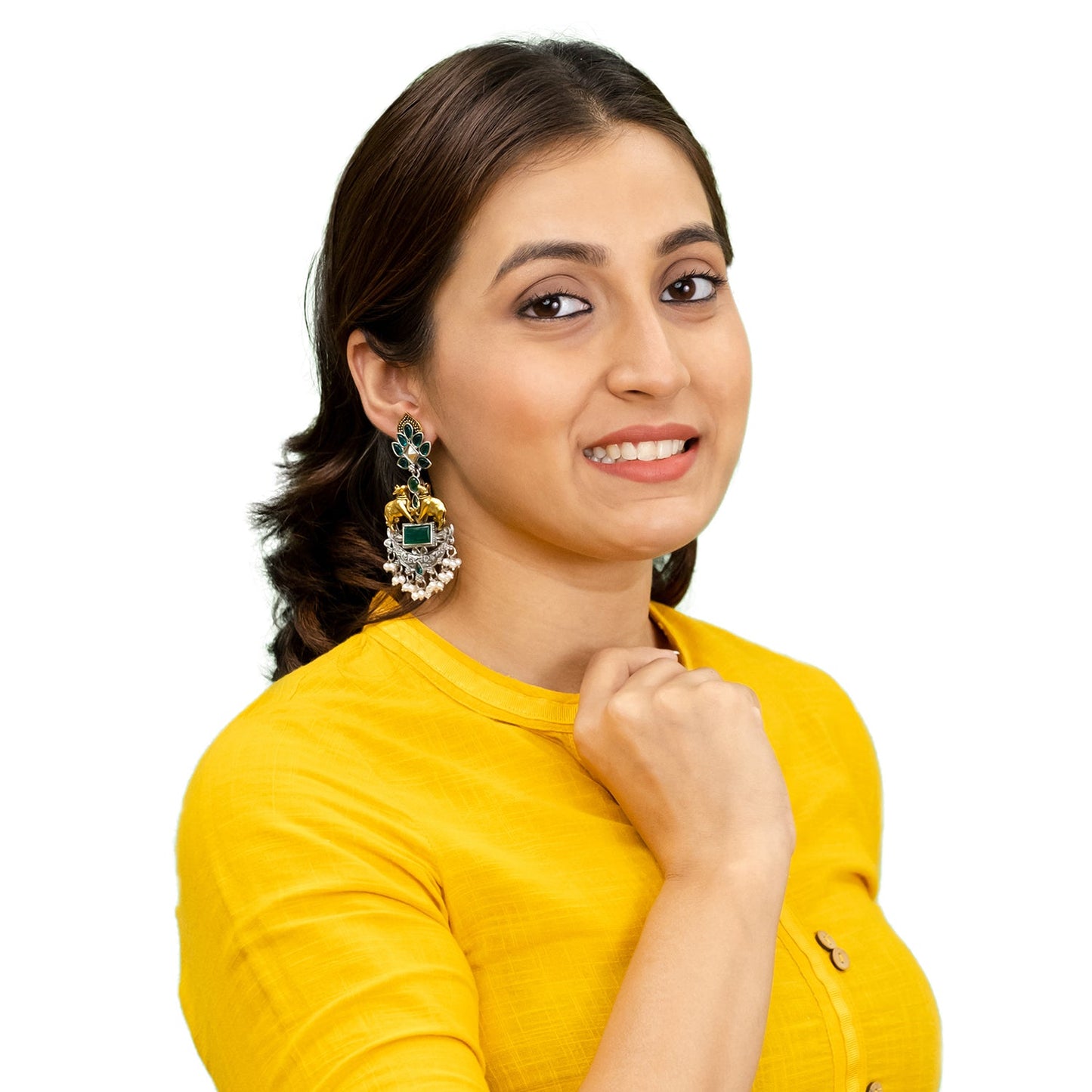 Traditional Indian Dual Two Tone Plated CZ, Pearl Studded Nandi Cow Chandbali Design Long Drop Earring For Women (SJE_274_G)