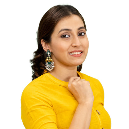 Traditional Indian Dual Two Tone Plated CZ, Pearl Studded Nandi Cow Chandbali Design Long Drop Earring For Women (SJE_274_G)