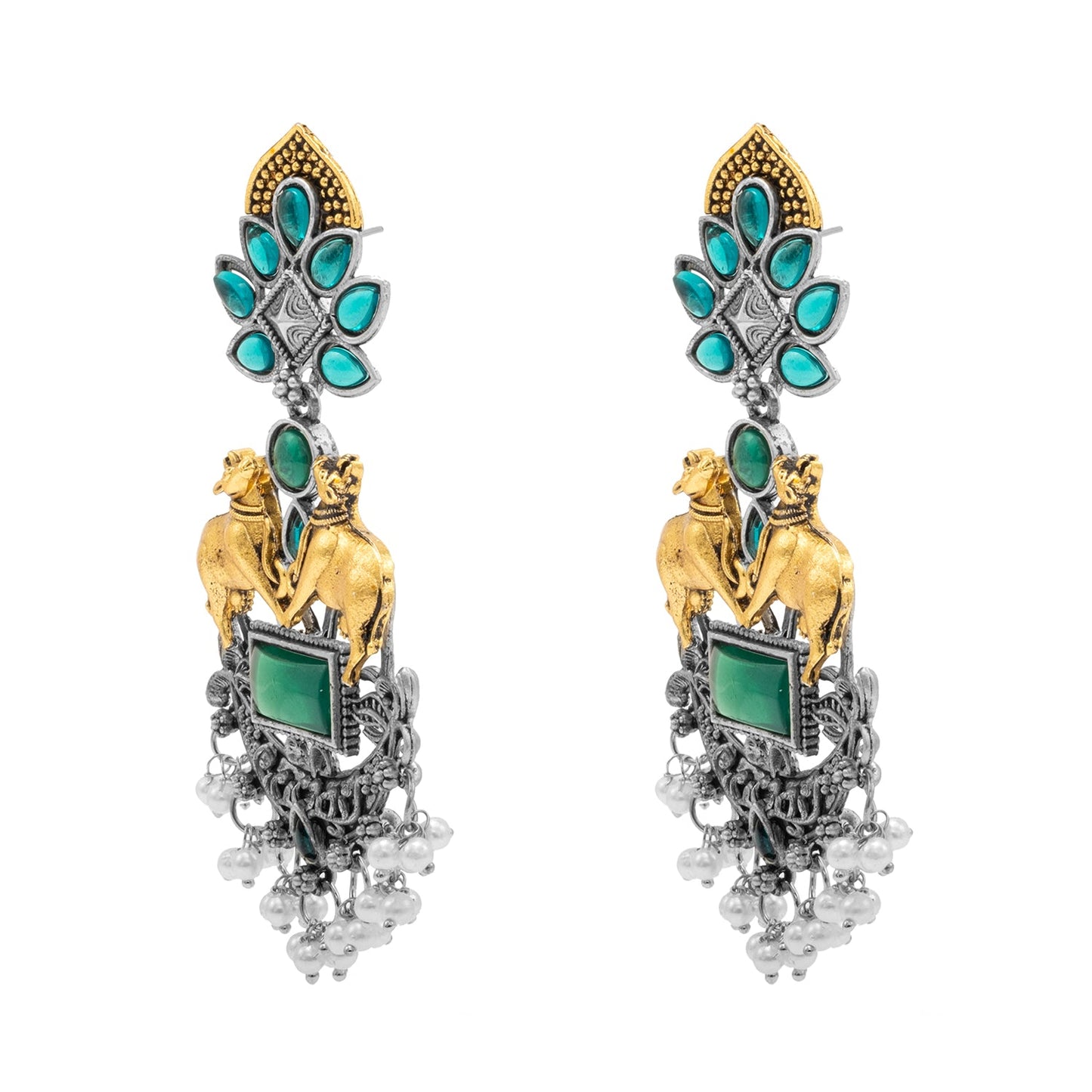 Traditional Indian Dual Two Tone Plated CZ, Pearl Studded Nandi Cow Chandbali Design Long Drop Earring For Women (SJE_274_G)