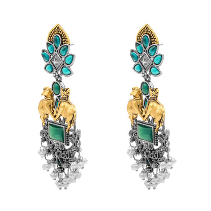 Traditional Indian Dual Two Tone Plated CZ, Pearl Studded Nandi Cow Chandbali Design Long Drop Earring For Women (SJE_274_G)
