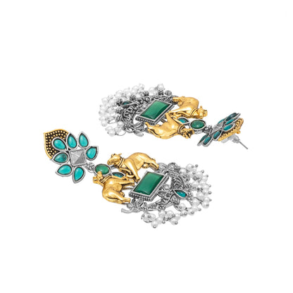 Traditional Indian Dual Two Tone Plated CZ, Pearl Studded Nandi Cow Chandbali Design Long Drop Earring For Women (SJE_274_G)