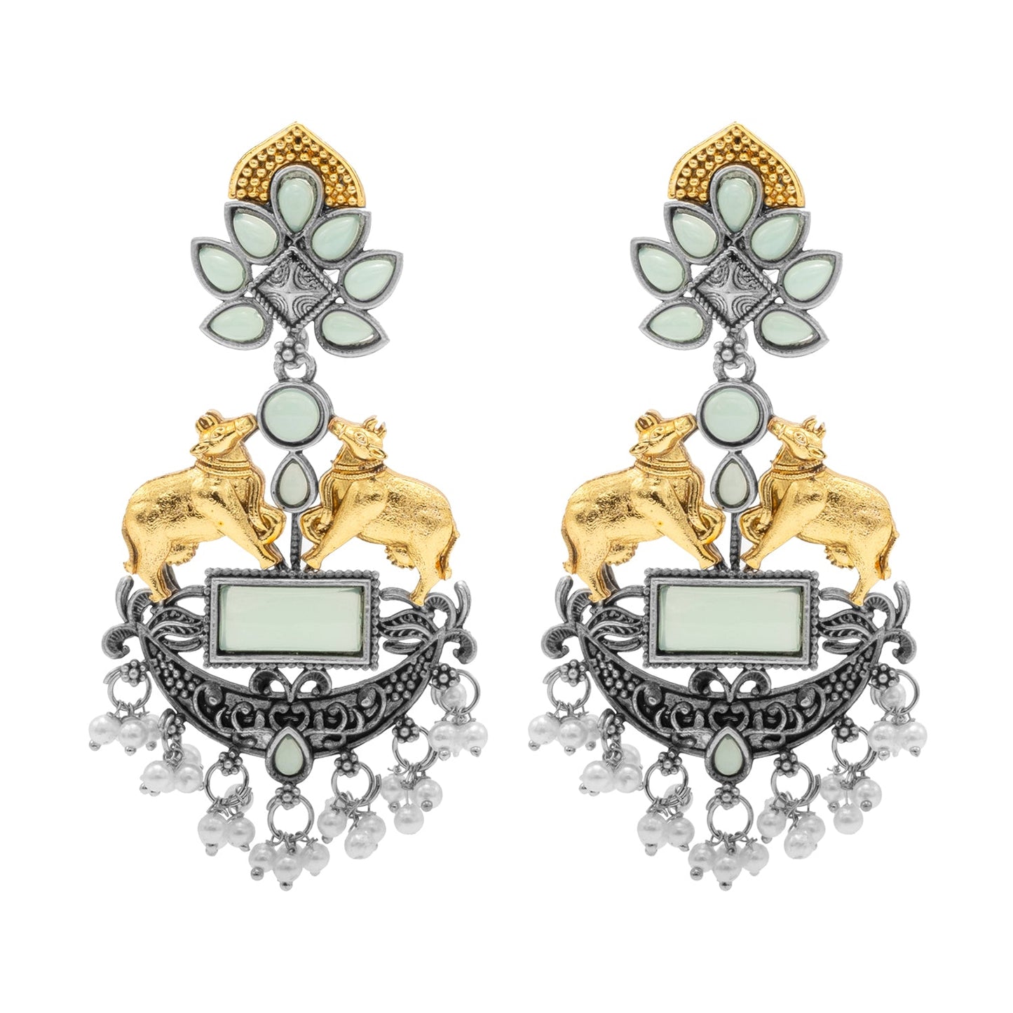 Traditional Indian Dual Two Tone Plated CZ, Pearl Studded Nandi Cow Chandbali Design Long Drop Earring For Women (SJE_274_LG)