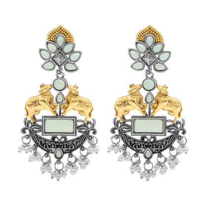 Traditional Indian Dual Two Tone Plated CZ, Pearl Studded Nandi Cow Chandbali Design Long Drop Earring For Women (SJE_274_LG)