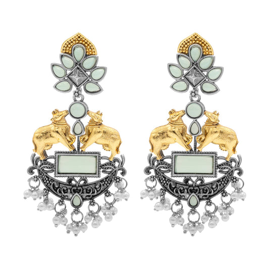 Traditional Indian Dual Two Tone Plated CZ, Pearl Studded Nandi Cow Chandbali Design Long Drop Earring For Women (SJE_274_LG)