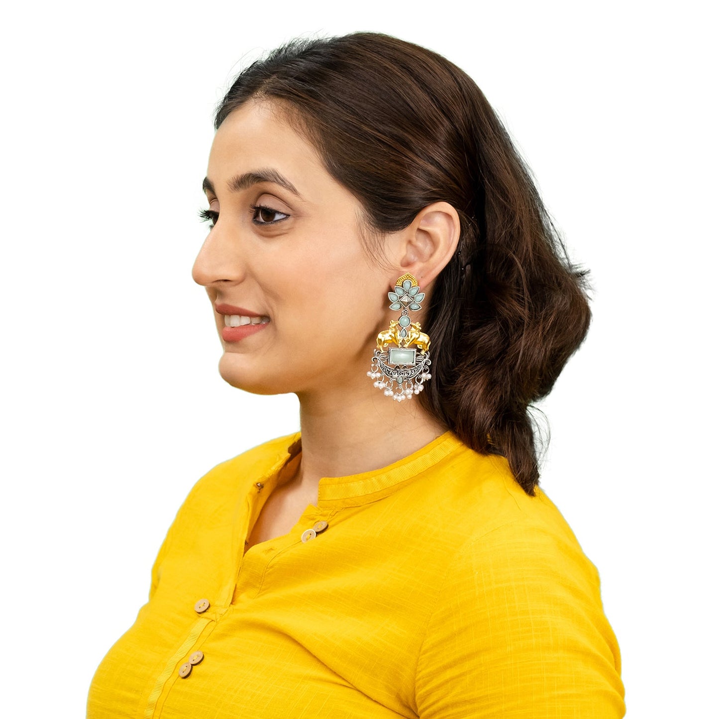 Traditional Indian Dual Two Tone Plated CZ, Pearl Studded Nandi Cow Chandbali Design Long Drop Earring For Women (SJE_274_LG)