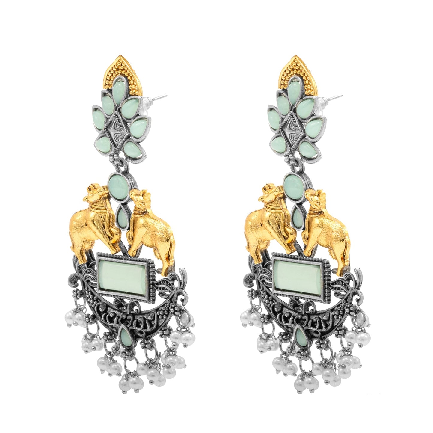 Traditional Indian Dual Two Tone Plated CZ, Pearl Studded Nandi Cow Chandbali Design Long Drop Earring For Women (SJE_274_LG)