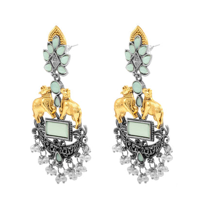 Traditional Indian Dual Two Tone Plated CZ, Pearl Studded Nandi Cow Chandbali Design Long Drop Earring For Women (SJE_274_LG)