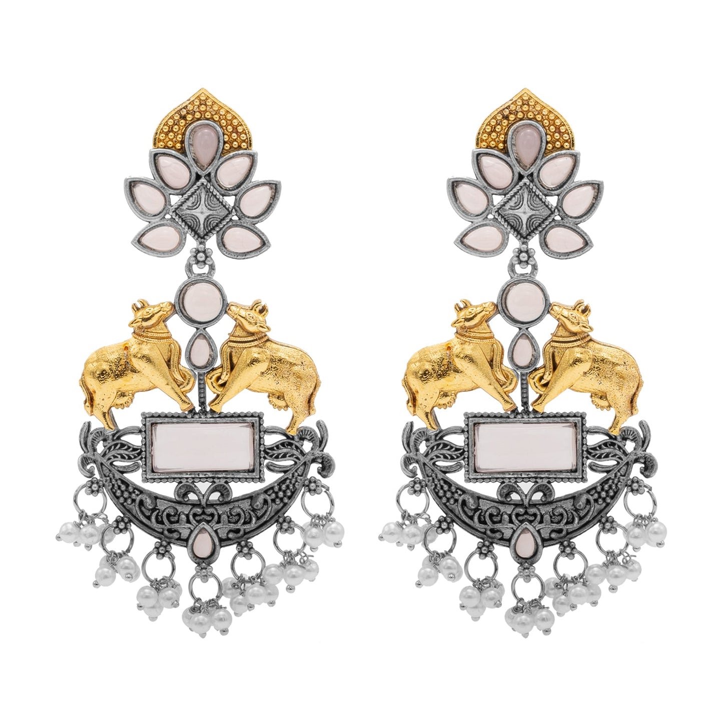 Traditional Indian Dual Two Tone Plated CZ, Pearl Studded Nandi Cow Chandbali Design Long Drop Earring For Women (SJE_274_LP)
