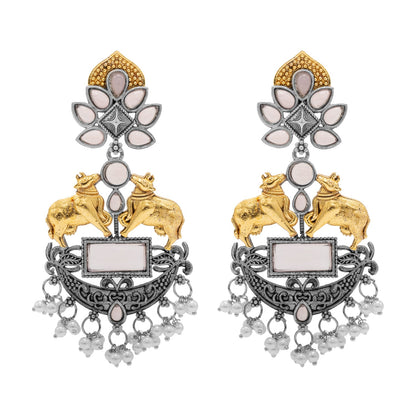 Traditional Indian Dual Two Tone Plated CZ, Pearl Studded Nandi Cow Chandbali Design Long Drop Earring For Women (SJE_274_LP)