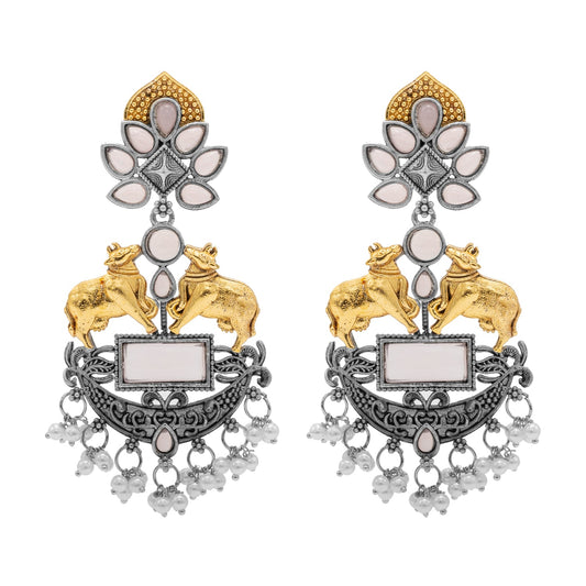 Traditional Indian Dual Two Tone Plated CZ, Pearl Studded Nandi Cow Chandbali Design Long Drop Earring For Women (SJE_274_LP)