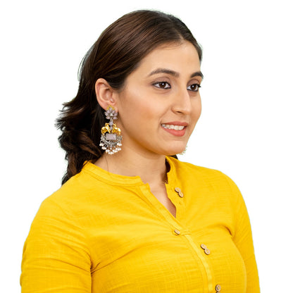 Traditional Indian Dual Two Tone Plated CZ, Pearl Studded Nandi Cow Chandbali Design Long Drop Earring For Women (SJE_274_LP)