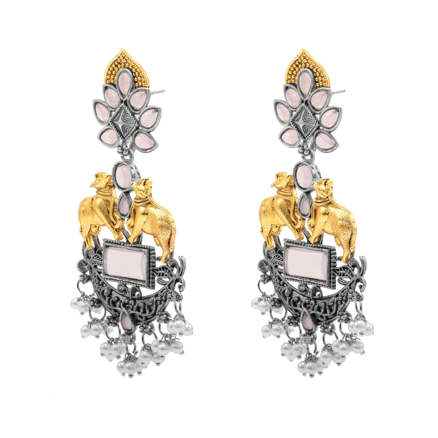 Traditional Indian Dual Two Tone Plated CZ, Pearl Studded Nandi Cow Chandbali Design Long Drop Earring For Women (SJE_274_LP)