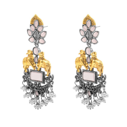Traditional Indian Dual Two Tone Plated CZ, Pearl Studded Nandi Cow Chandbali Design Long Drop Earring For Women (SJE_274_LP)