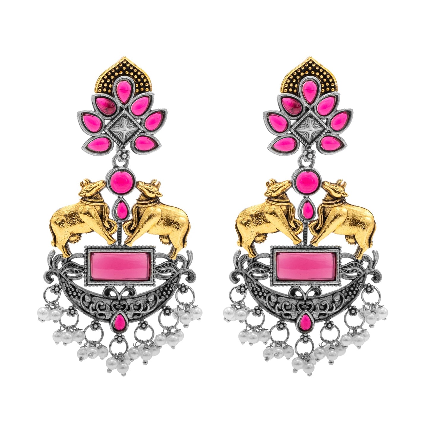 Traditional Indian Dual Two Tone Plated CZ, Pearl Studded Nandi Cow Chandbali Design Long Drop Earring For Women (SJE_274_M)