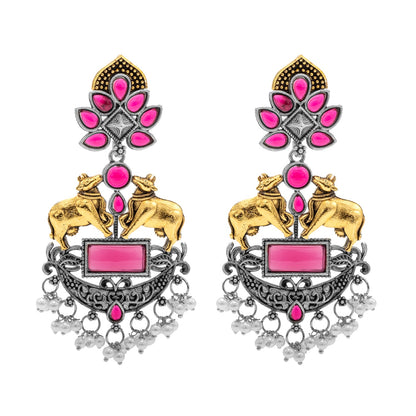 Traditional Indian Dual Two Tone Plated CZ, Pearl Studded Nandi Cow Chandbali Design Long Drop Earring For Women (SJE_274_M)