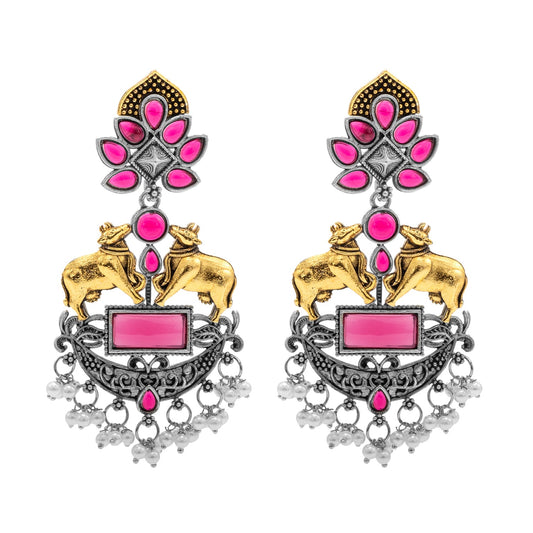 Traditional Indian Dual Two Tone Plated CZ, Pearl Studded Nandi Cow Chandbali Design Long Drop Earring For Women (SJE_274_M)