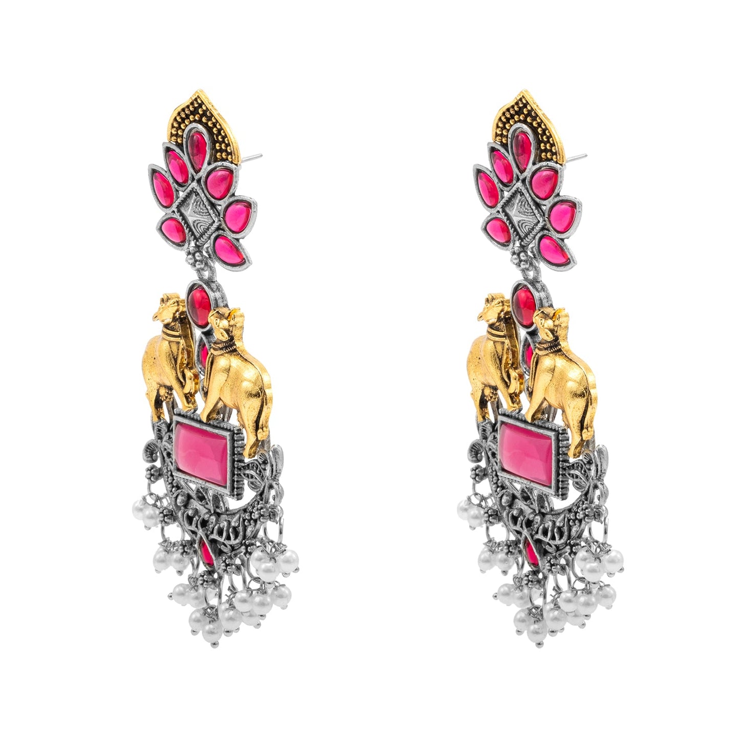 Traditional Indian Dual Two Tone Plated CZ, Pearl Studded Nandi Cow Chandbali Design Long Drop Earring For Women (SJE_274_M)