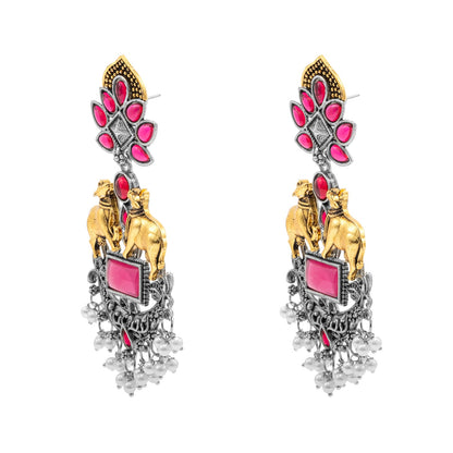 Traditional Indian Dual Two Tone Plated CZ, Pearl Studded Nandi Cow Chandbali Design Long Drop Earring For Women (SJE_274_M)
