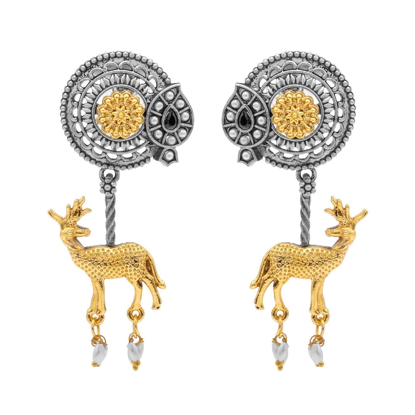 Traditional Indian Dual Two Tone Plated CZ, Pearl Studded Flower and Deer Design Medium Drop Earring For Women (SJE_279_S_BK)