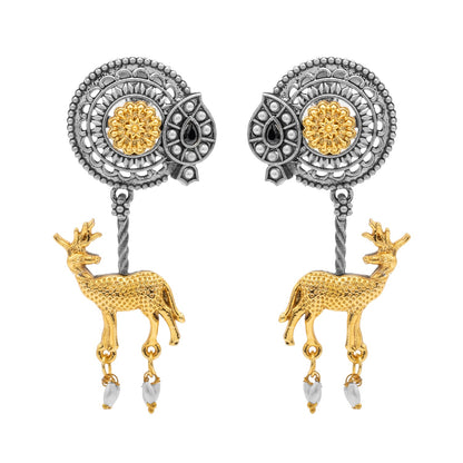 Traditional Indian Dual Two Tone Plated CZ, Pearl Studded Flower and Deer Design Medium Drop Earring For Women (SJE_279_S_BK)