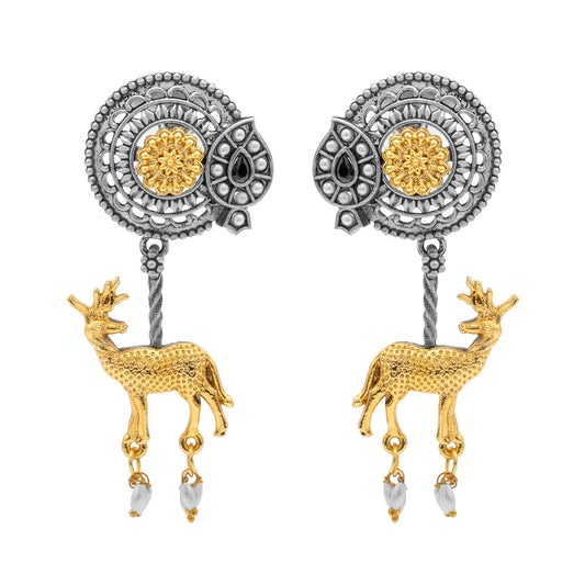 Traditional Indian Dual Two Tone Plated CZ, Pearl Studded Flower and Deer Design Medium Drop Earring For Women (SJE_279_S_BK)