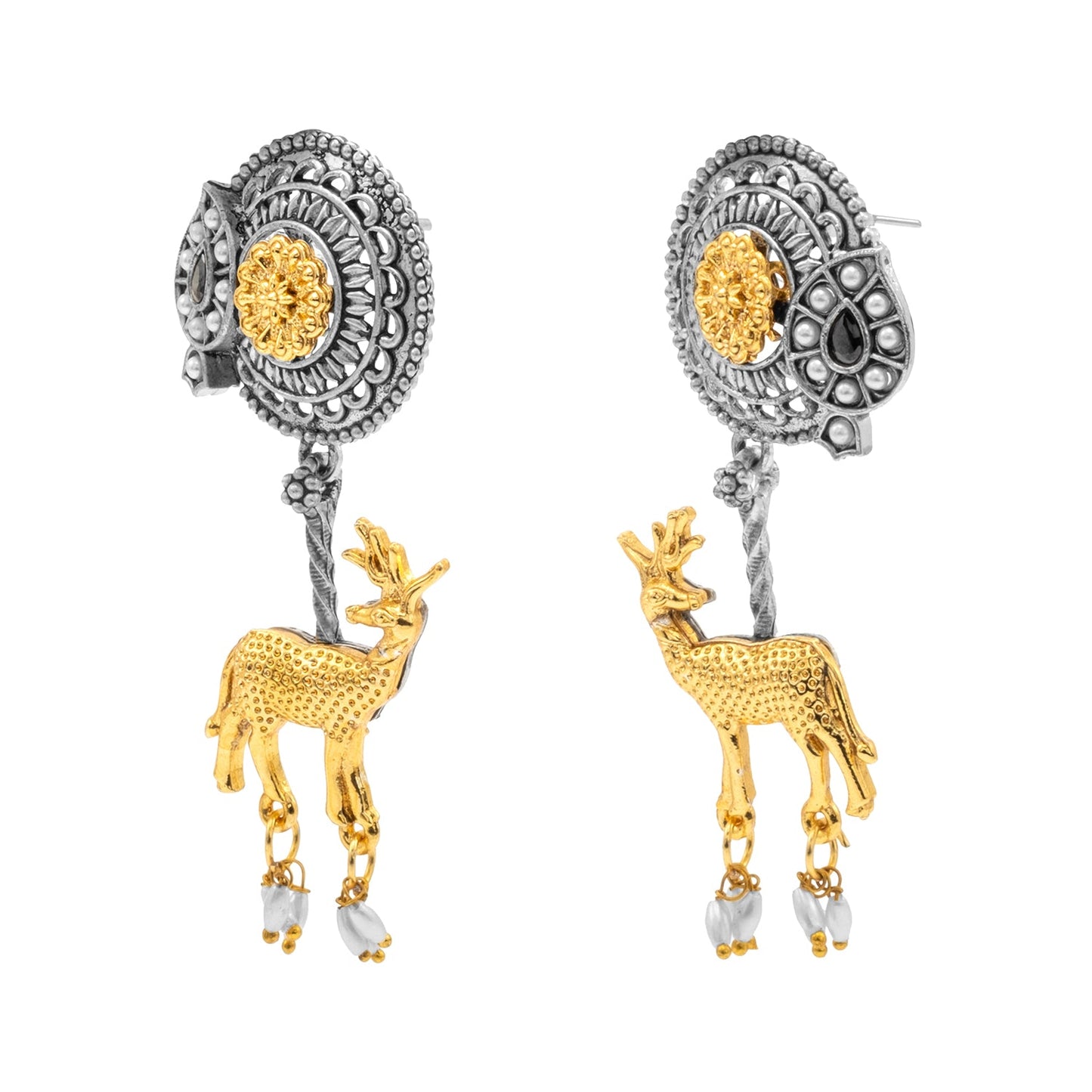 Traditional Indian Dual Two Tone Plated CZ, Pearl Studded Flower and Deer Design Medium Drop Earring For Women (SJE_279_S_BK)