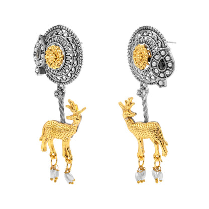 Traditional Indian Dual Two Tone Plated CZ, Pearl Studded Flower and Deer Design Medium Drop Earring For Women (SJE_279_S_BK)